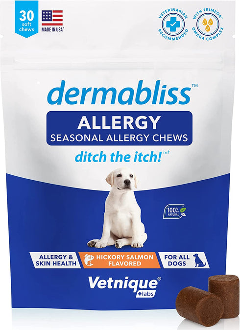 Vetnique Labs Dermabliss Dog Allergy and Itch Relief, Skin and Coat Health Supplements and Grooming Supplies with Omega 3-6-9, Biotin - Ditch The Itch (Allergy Chews, 30ct)